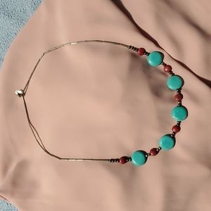 Turquoise, Red and Silver Metal Beaded Necklace